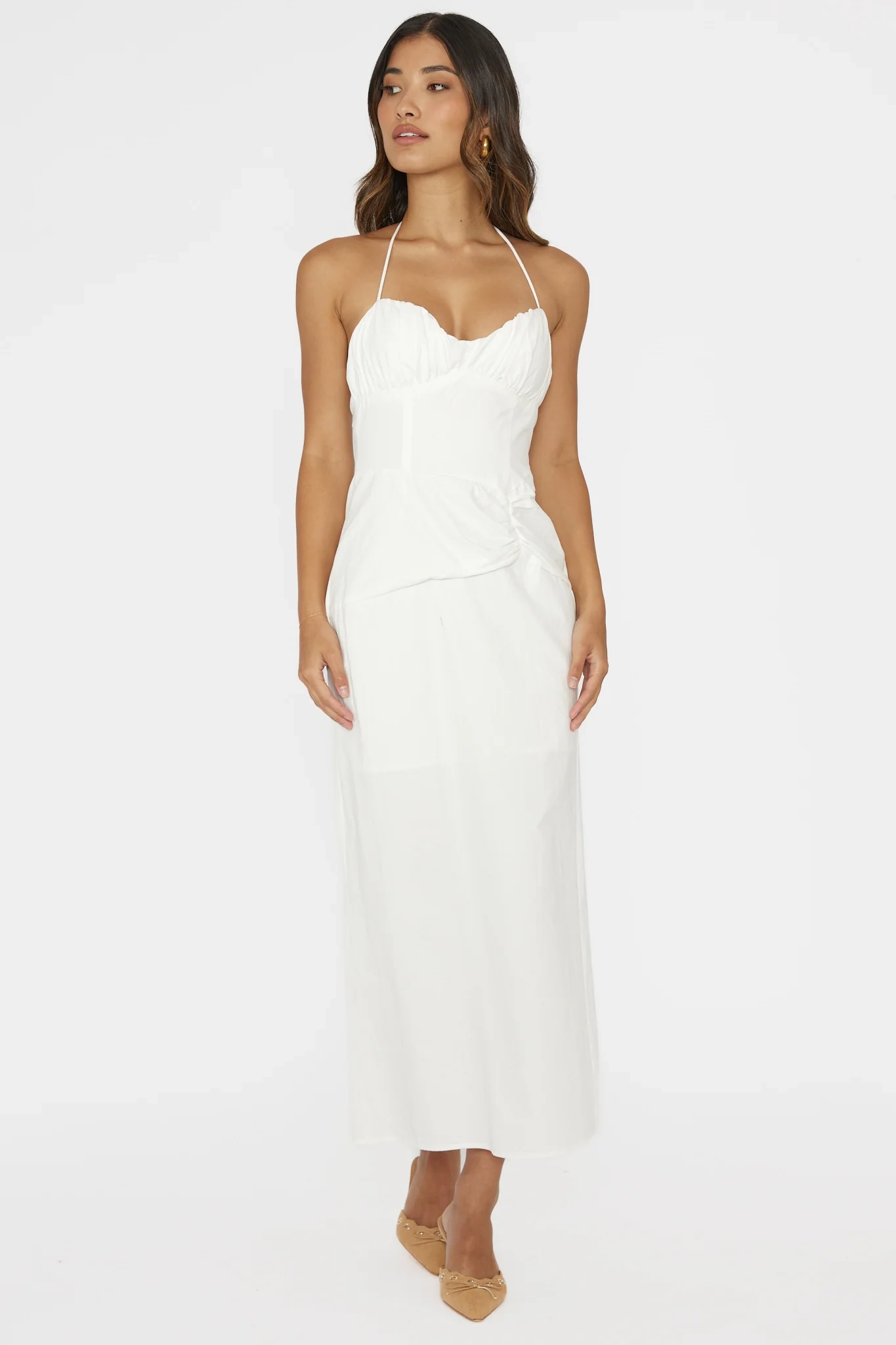 Arielle Gathered Bust Halterneck Midi Dress White