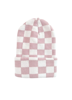 Baby's First Hat - Petal Pink/Warm White Checkerboard