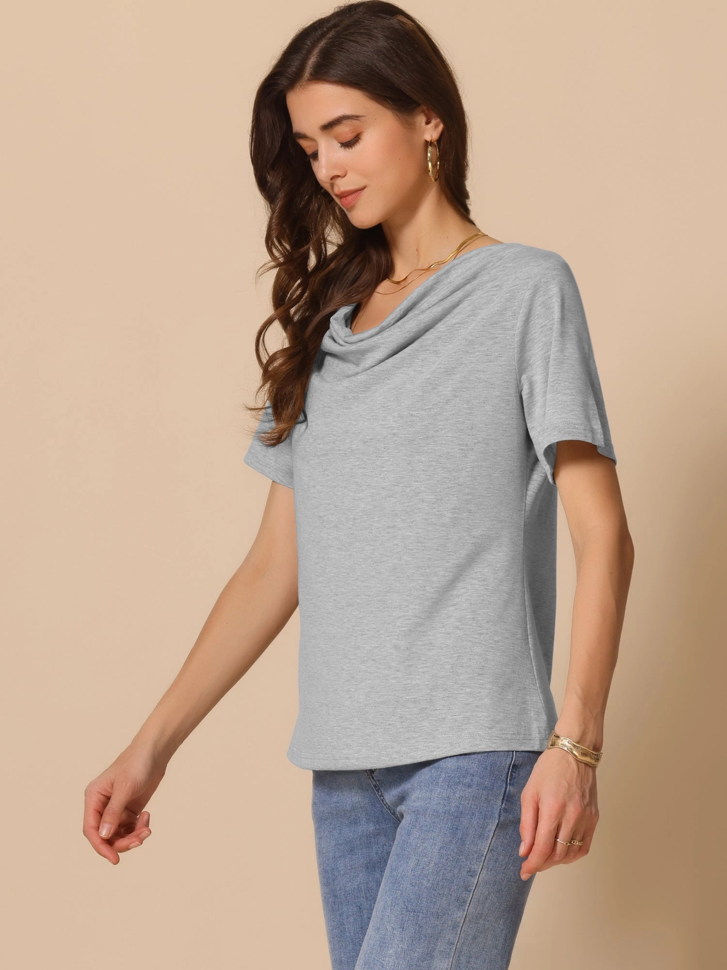 Cowl Neck Short Sleeve Casual Stretchy Blouse