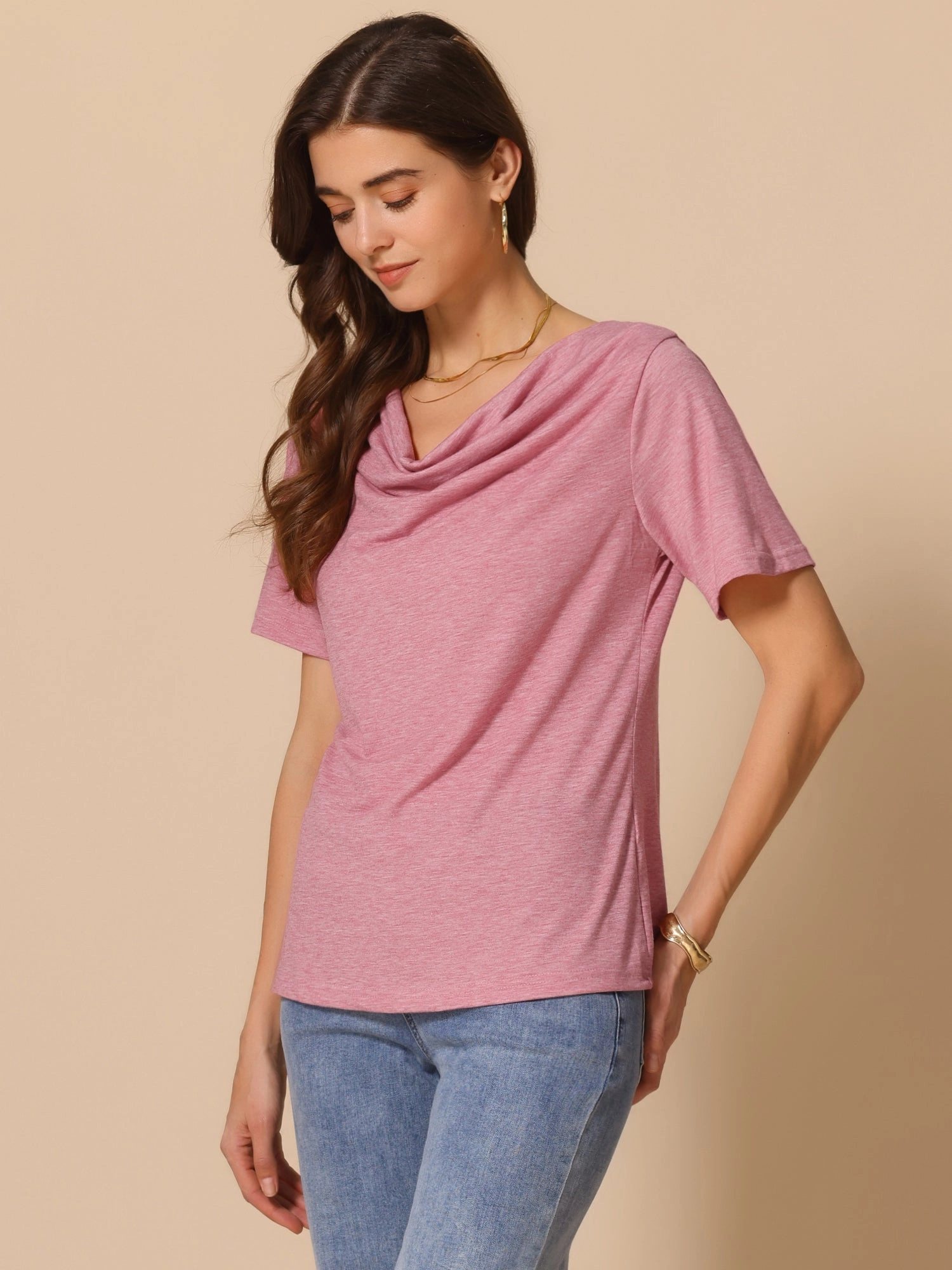 Cowl Neck Short Sleeve Casual Stretchy Blouse