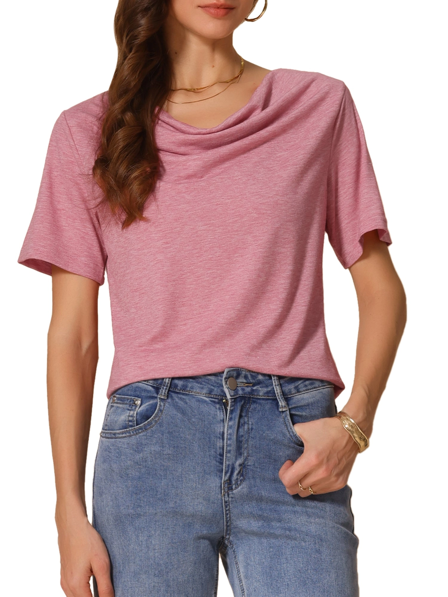 Cowl Neck Short Sleeve Casual Stretchy Blouse