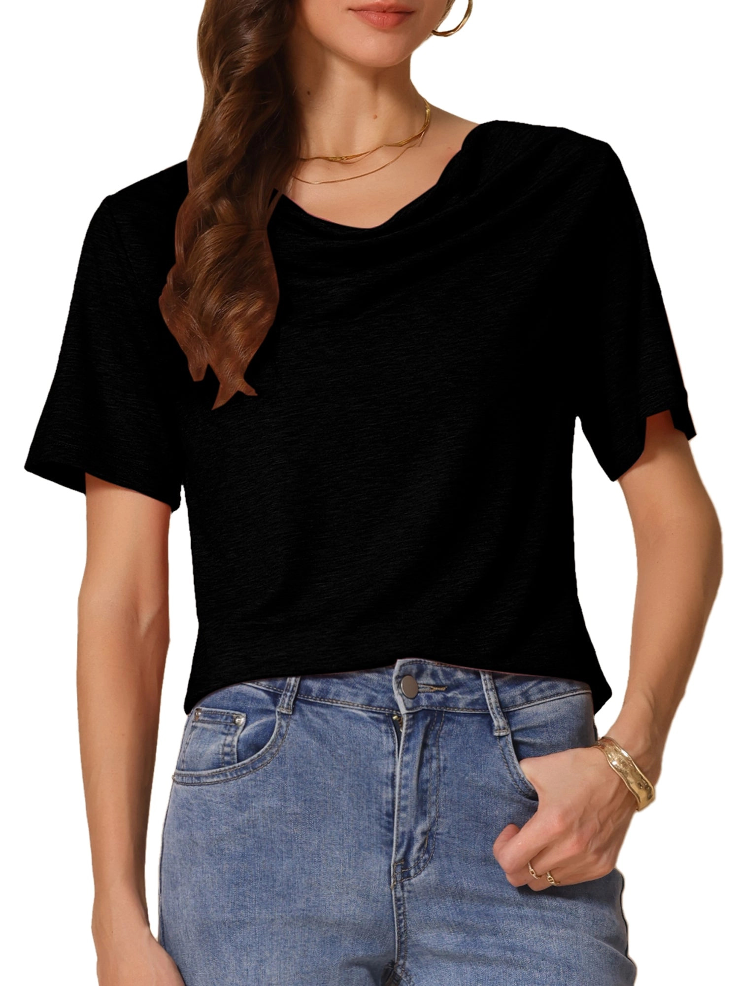 Cowl Neck Short Sleeve Casual Stretchy Blouse