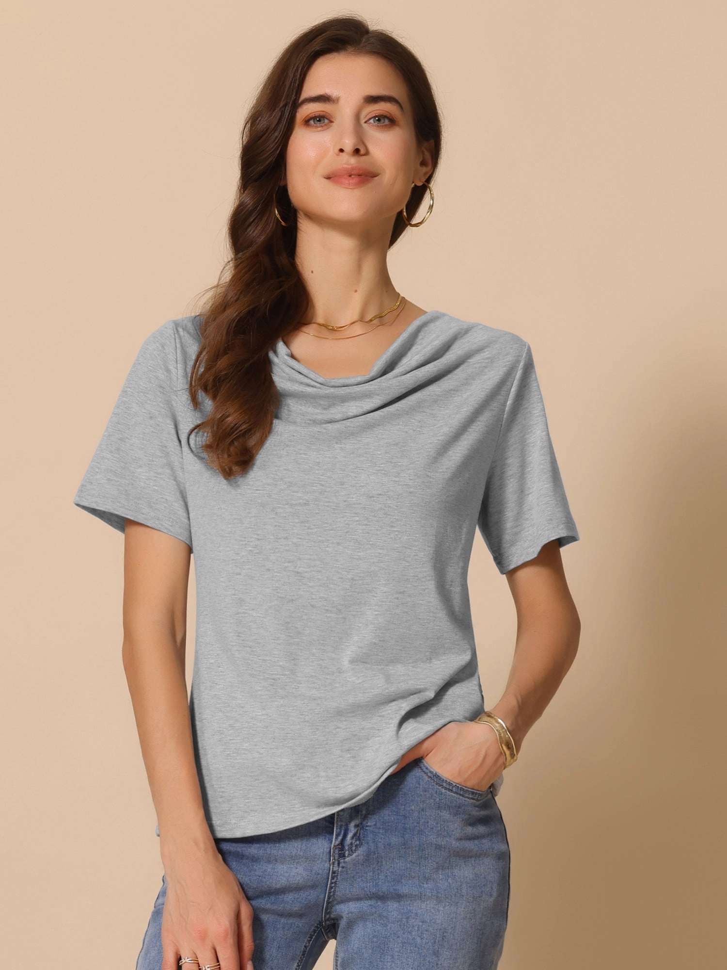 Cowl Neck Short Sleeve Casual Stretchy Blouse