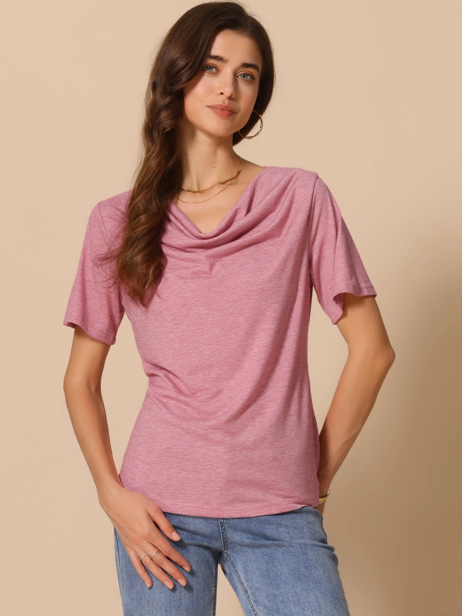 Cowl Neck Short Sleeve Casual Stretchy Blouse