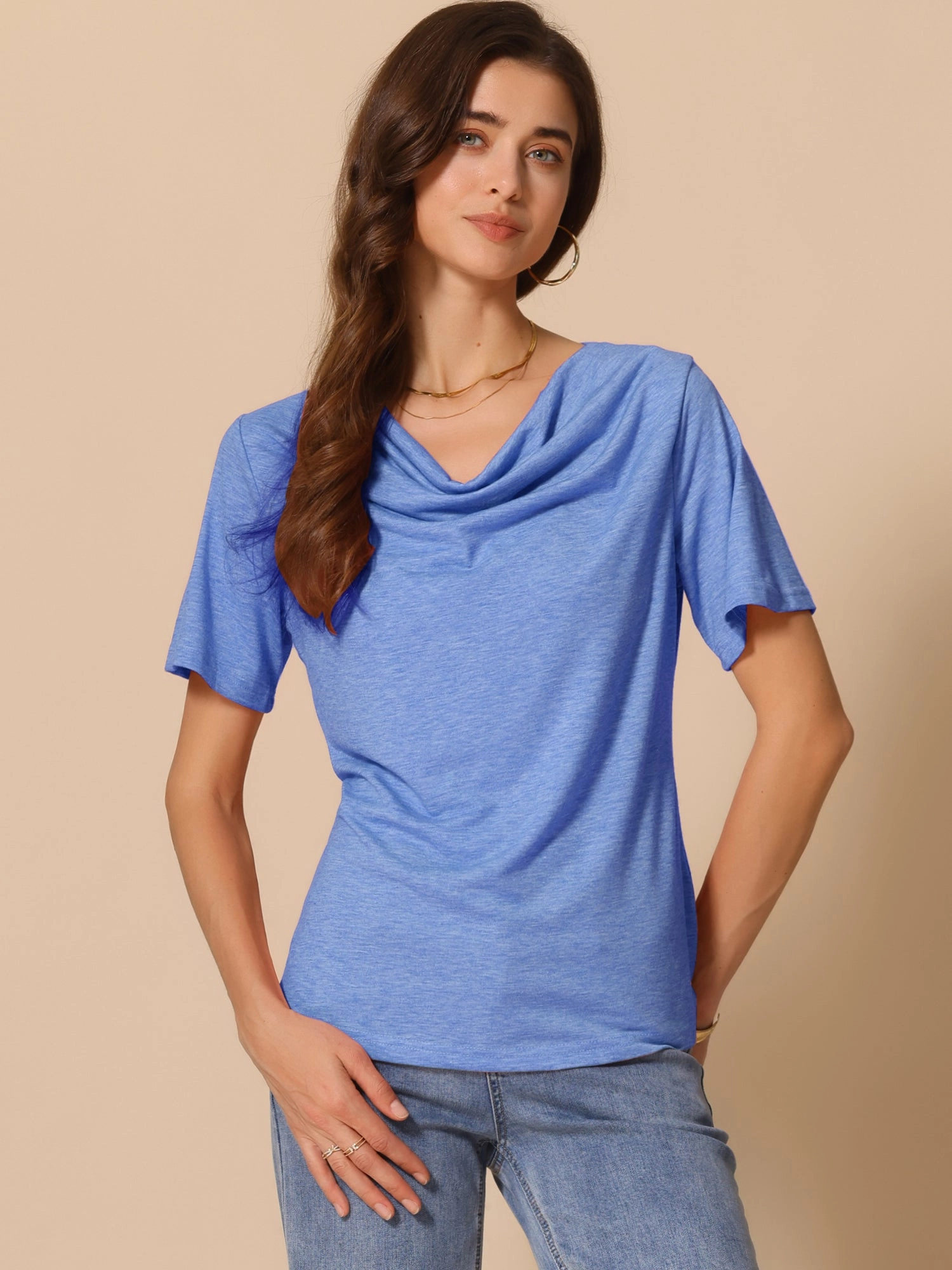 Cowl Neck Short Sleeve Casual Stretchy Blouse