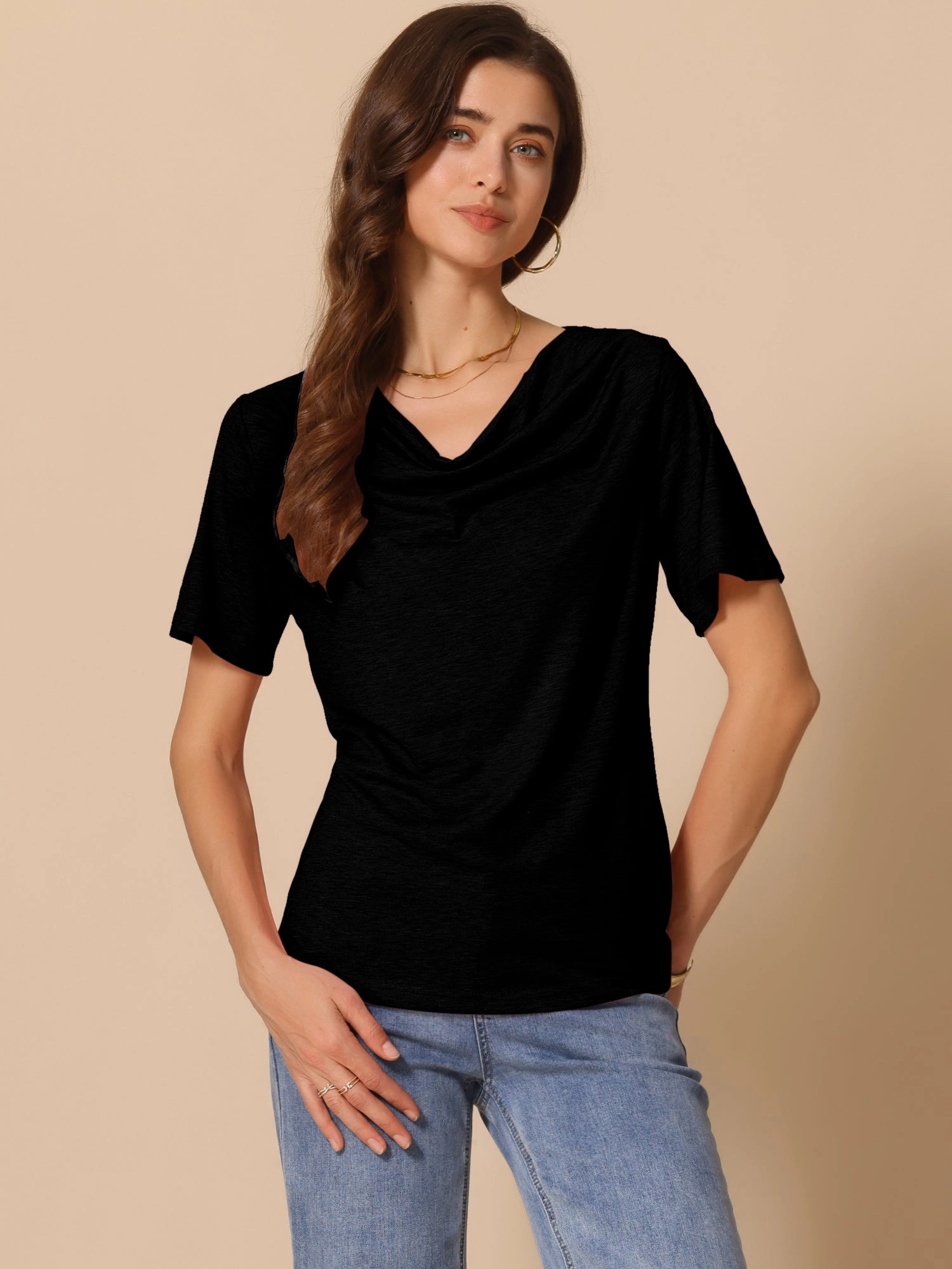Cowl Neck Short Sleeve Casual Stretchy Blouse