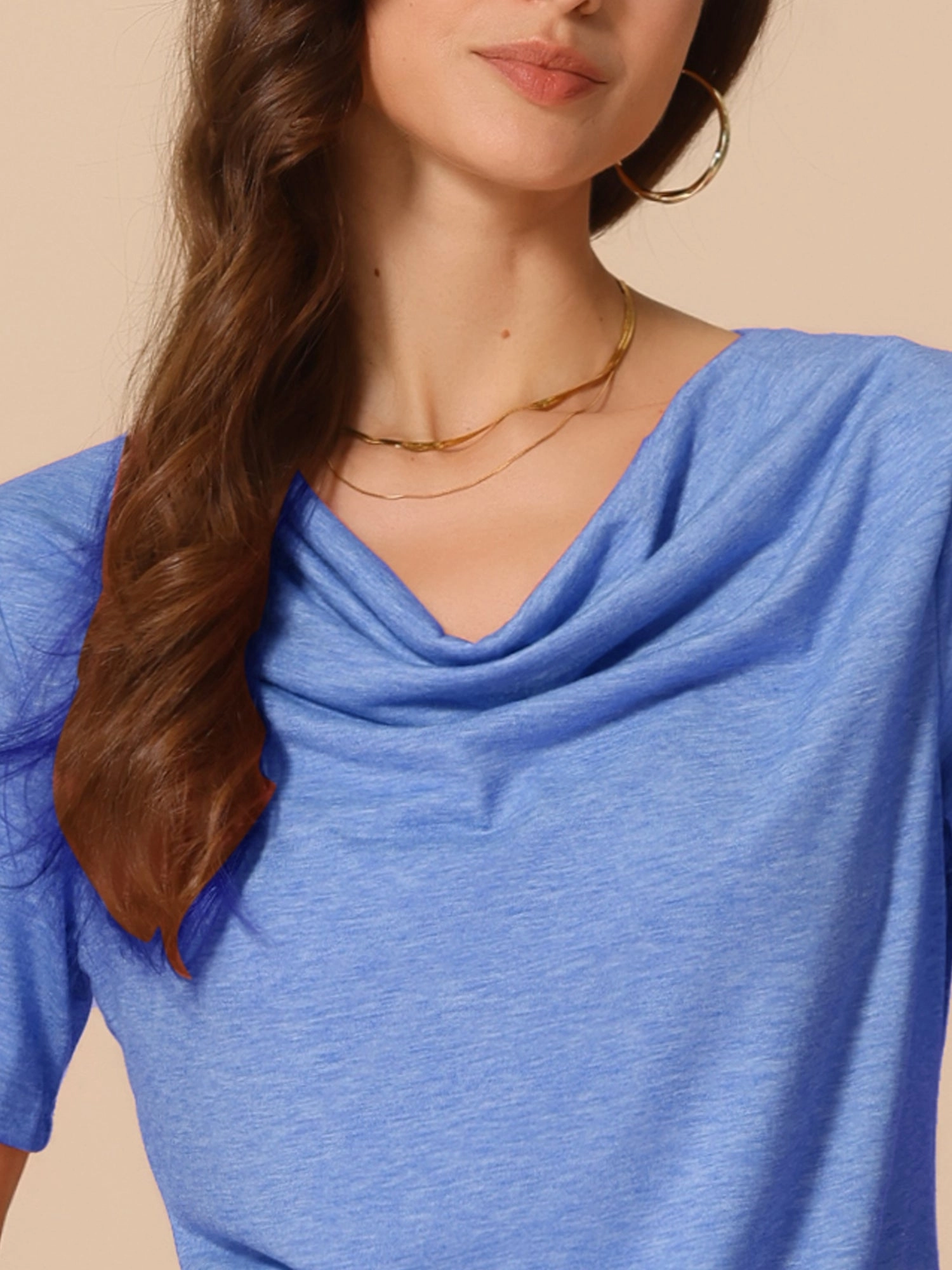 Cowl Neck Short Sleeve Casual Stretchy Blouse