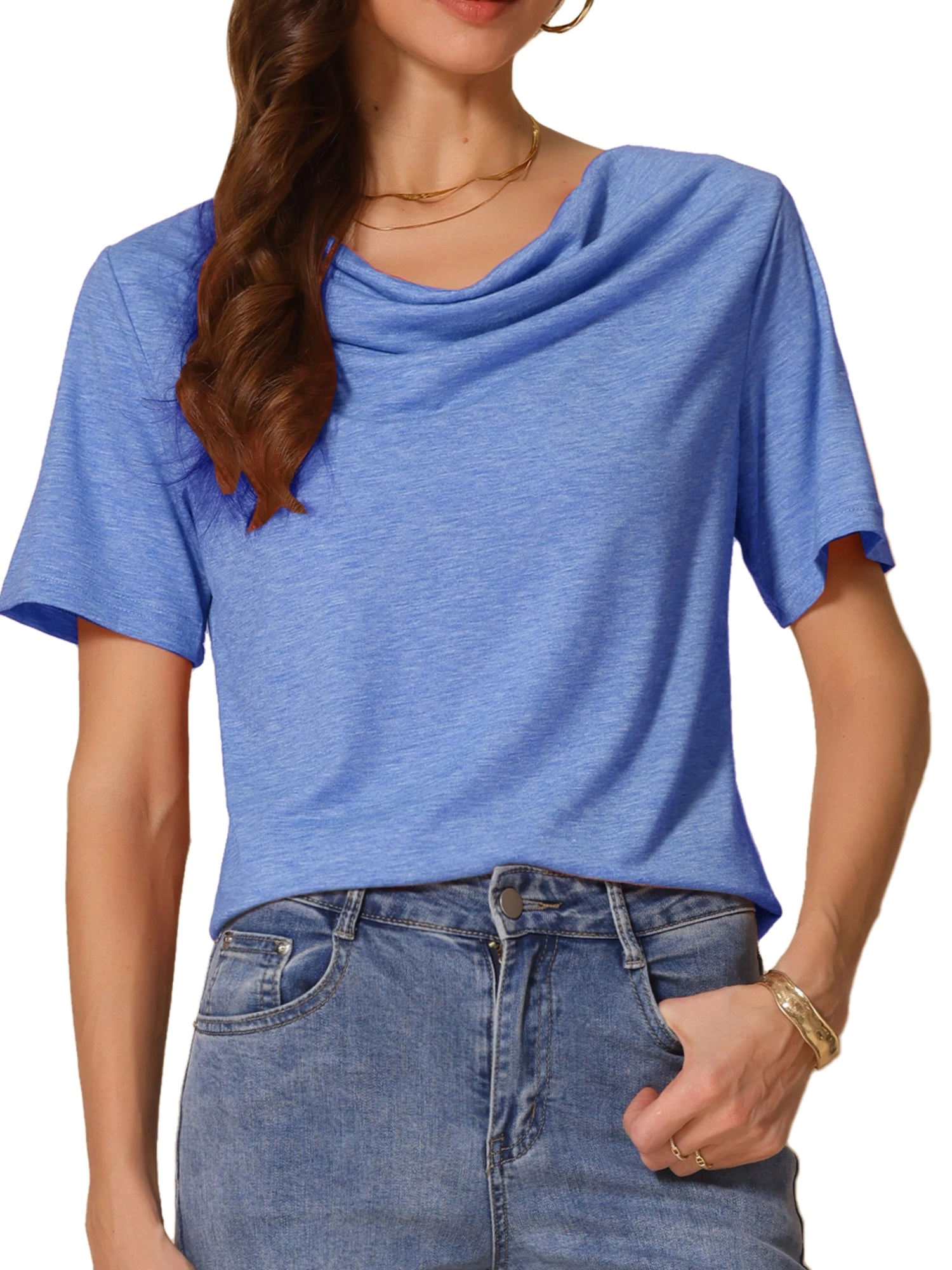 Cowl Neck Short Sleeve Casual Stretchy Blouse