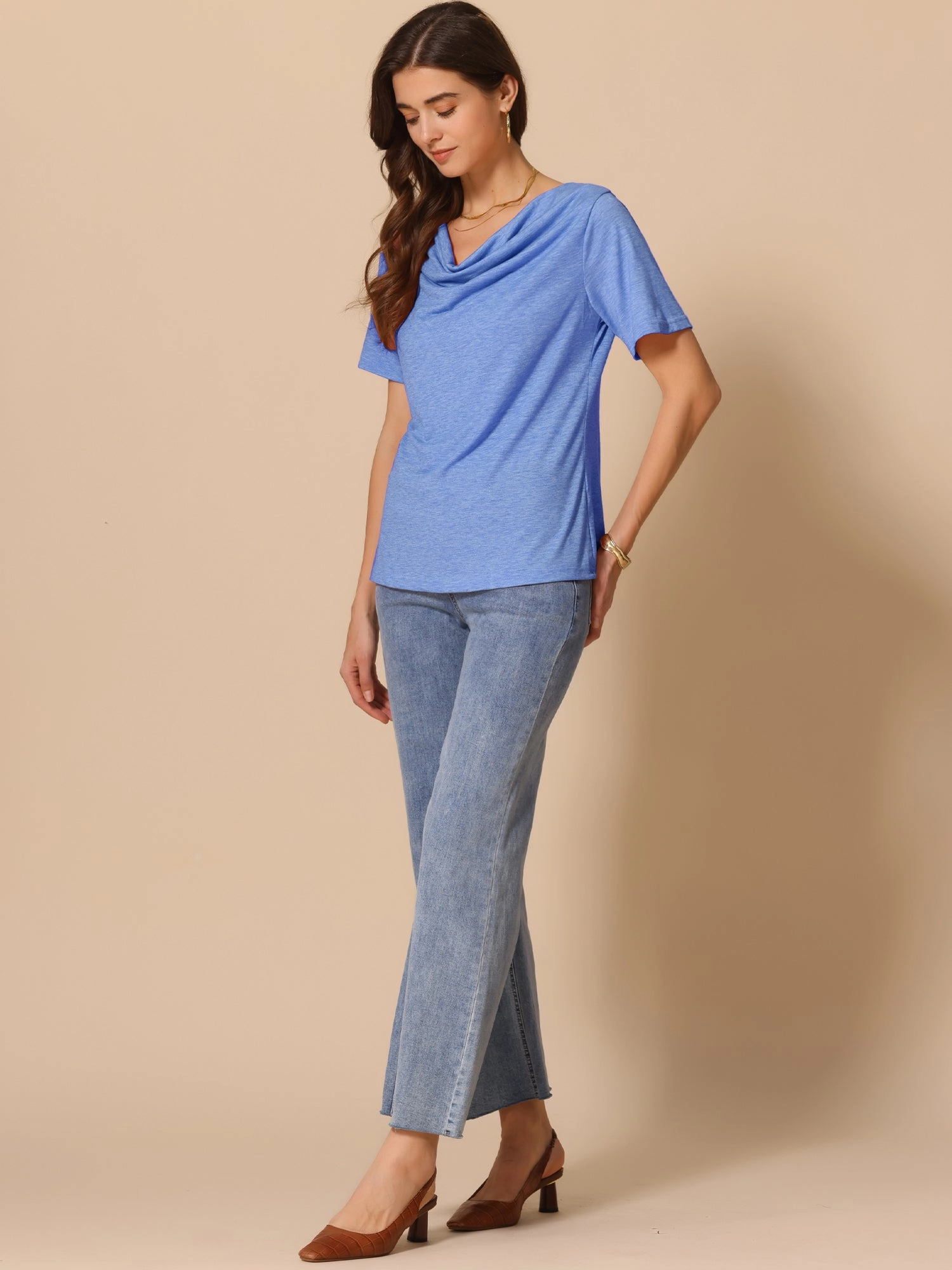 Cowl Neck Short Sleeve Casual Stretchy Blouse