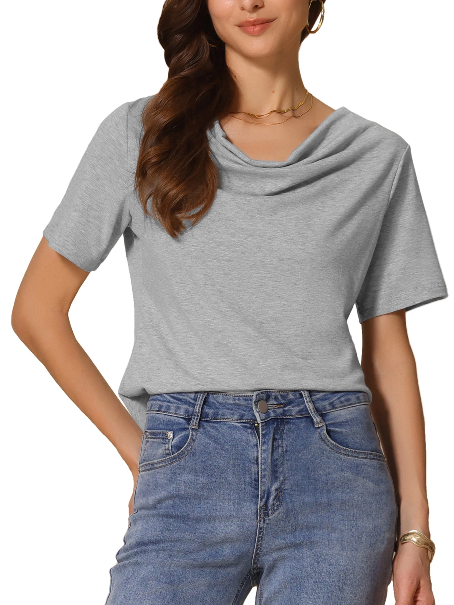 Cowl Neck Short Sleeve Casual Stretchy Blouse