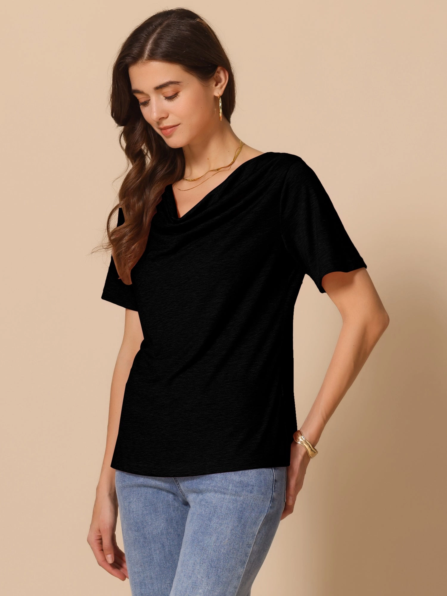 Cowl Neck Short Sleeve Casual Stretchy Blouse