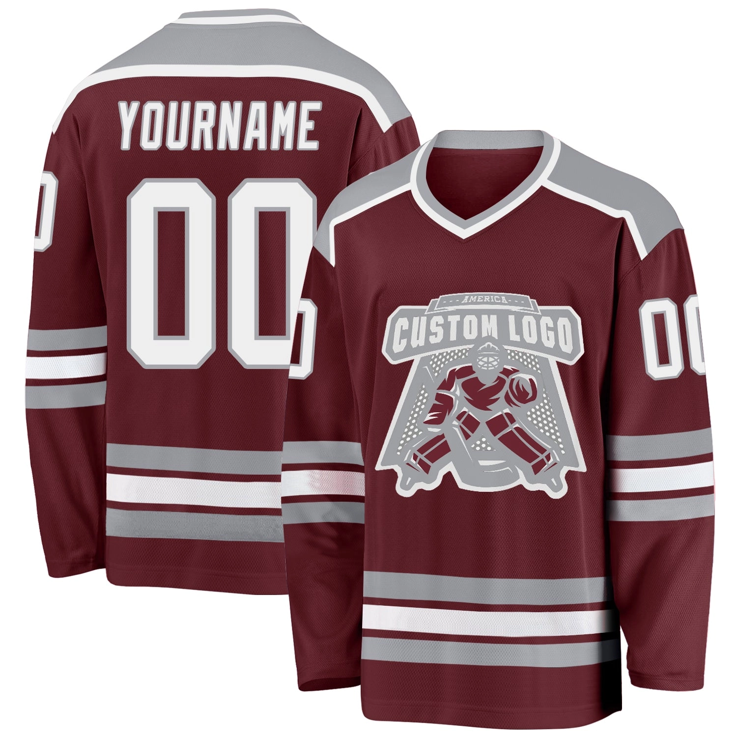Custom Burgundy White-Gray Hockey Jersey