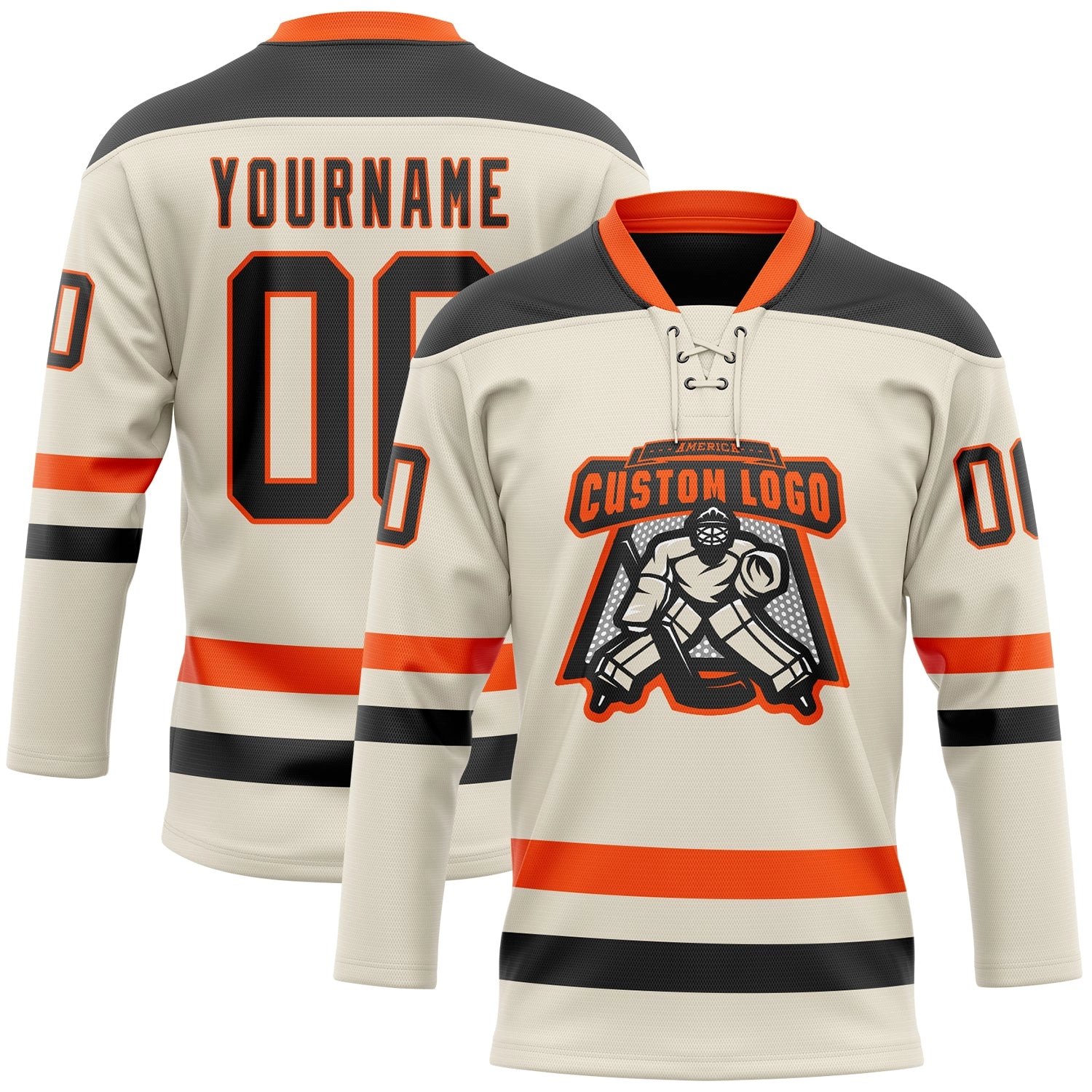 Custom Cream Black-Orange Hockey Lace Neck Jersey