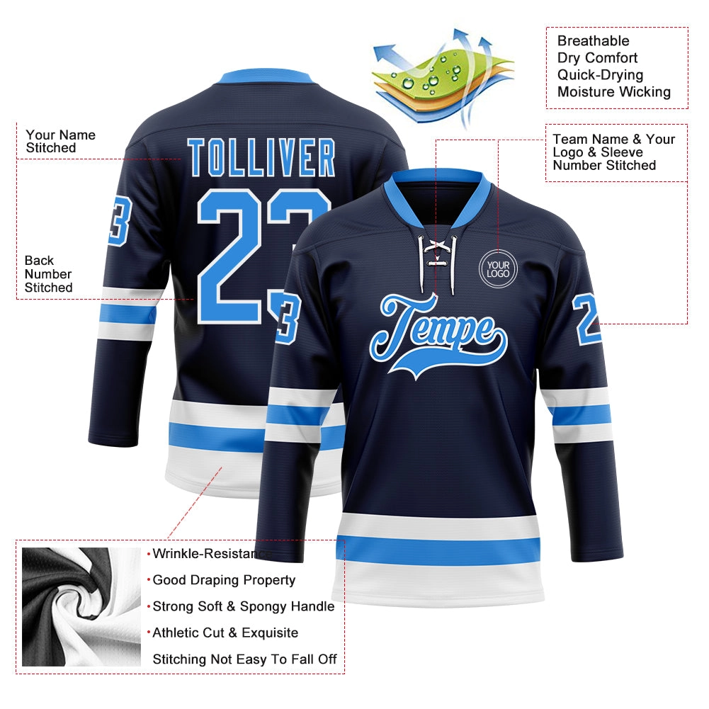 Custom Navy Powder Blue-White Hockey Lace Neck Jersey
