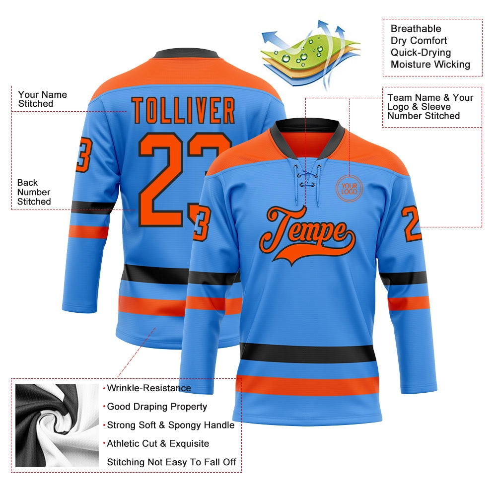 Custom Sky Blue Orange-Black Hockey Lace Neck Jersey