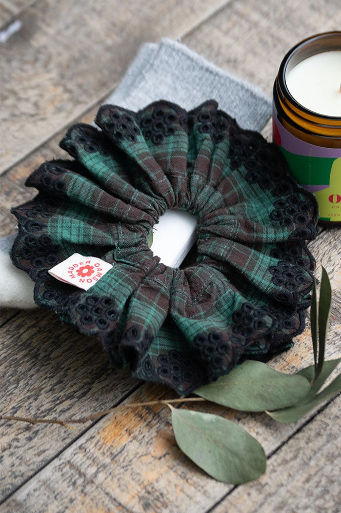 Damson Madder Green Check Broderie Scrunchie