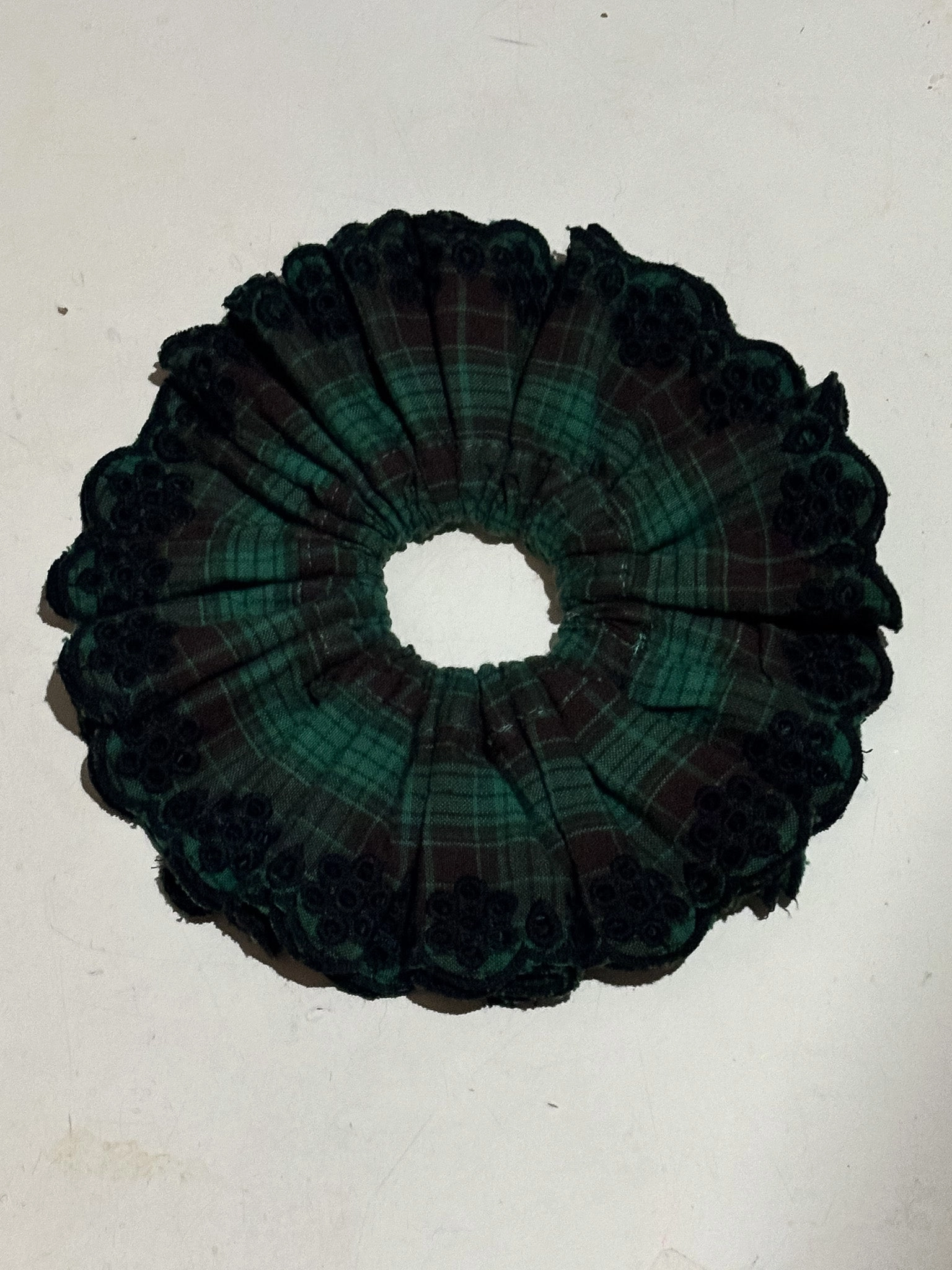 Damson Madder Green Check Broderie Scrunchie