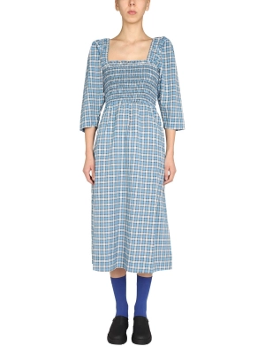 Ganni Seersucker Checked Flared Midi Dress