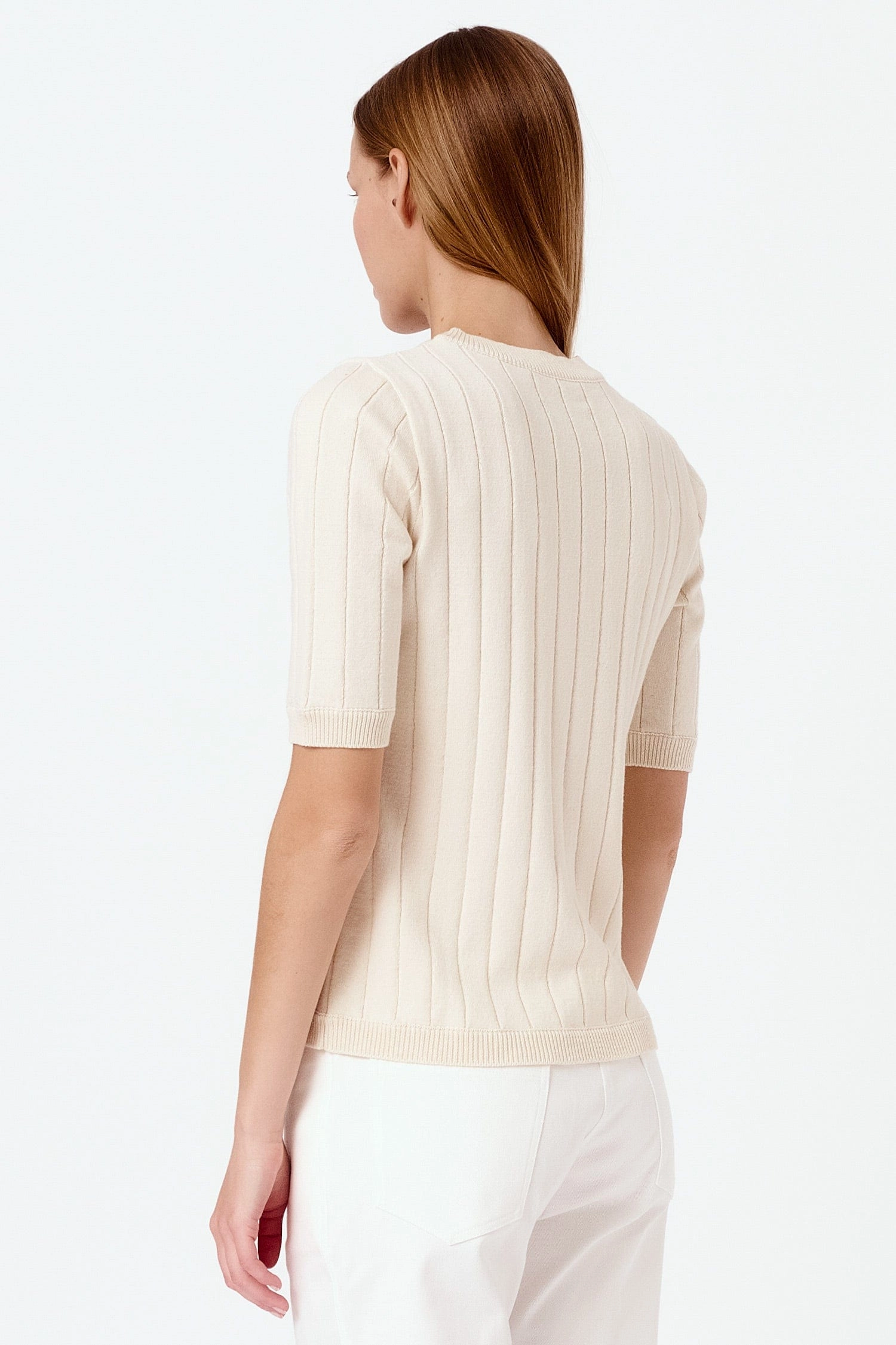Knitted Organic Cotton Ribbed Short Sleeved Top | Cream