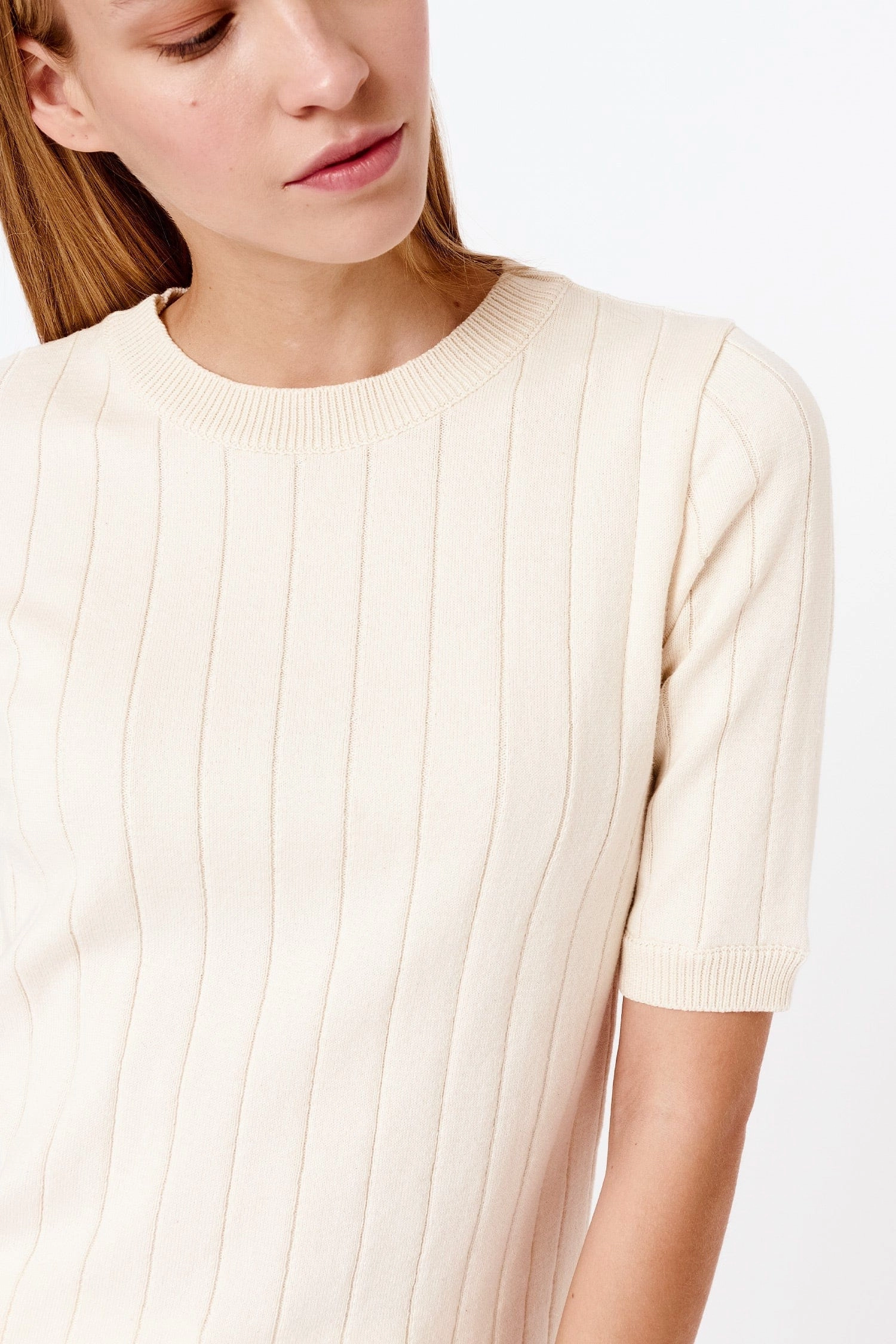 Knitted Organic Cotton Ribbed Short Sleeved Top | Cream