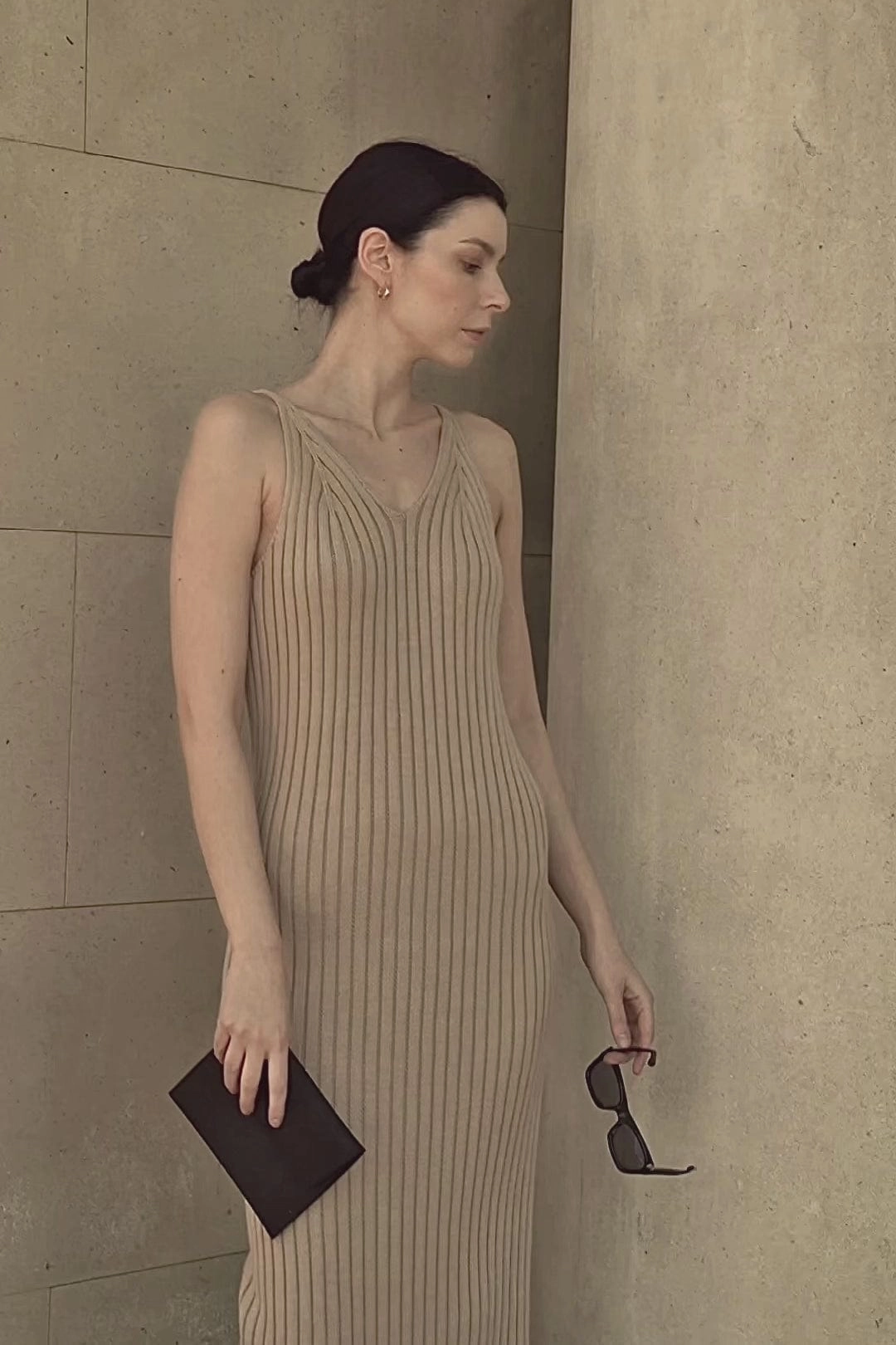 Knitted Organic Cotton Ribbed Strap Dress | Sand