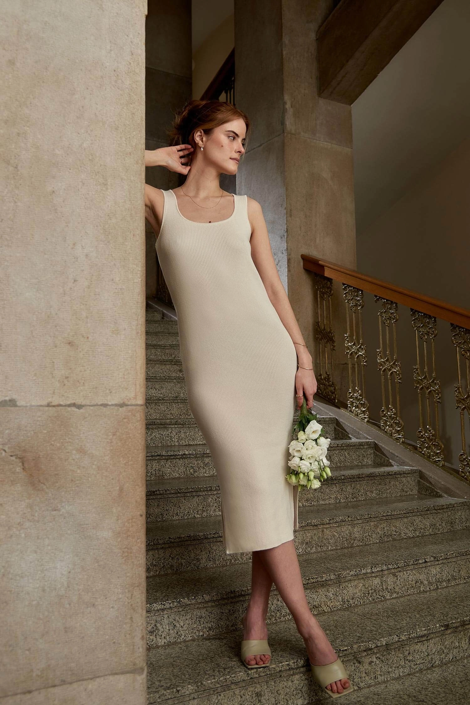 Knitted Organic Cotton Scoop Neck Dress | Cream