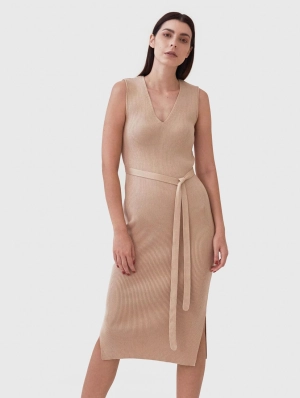 Knitted Organic Cotton V-neck Dress | Sand
