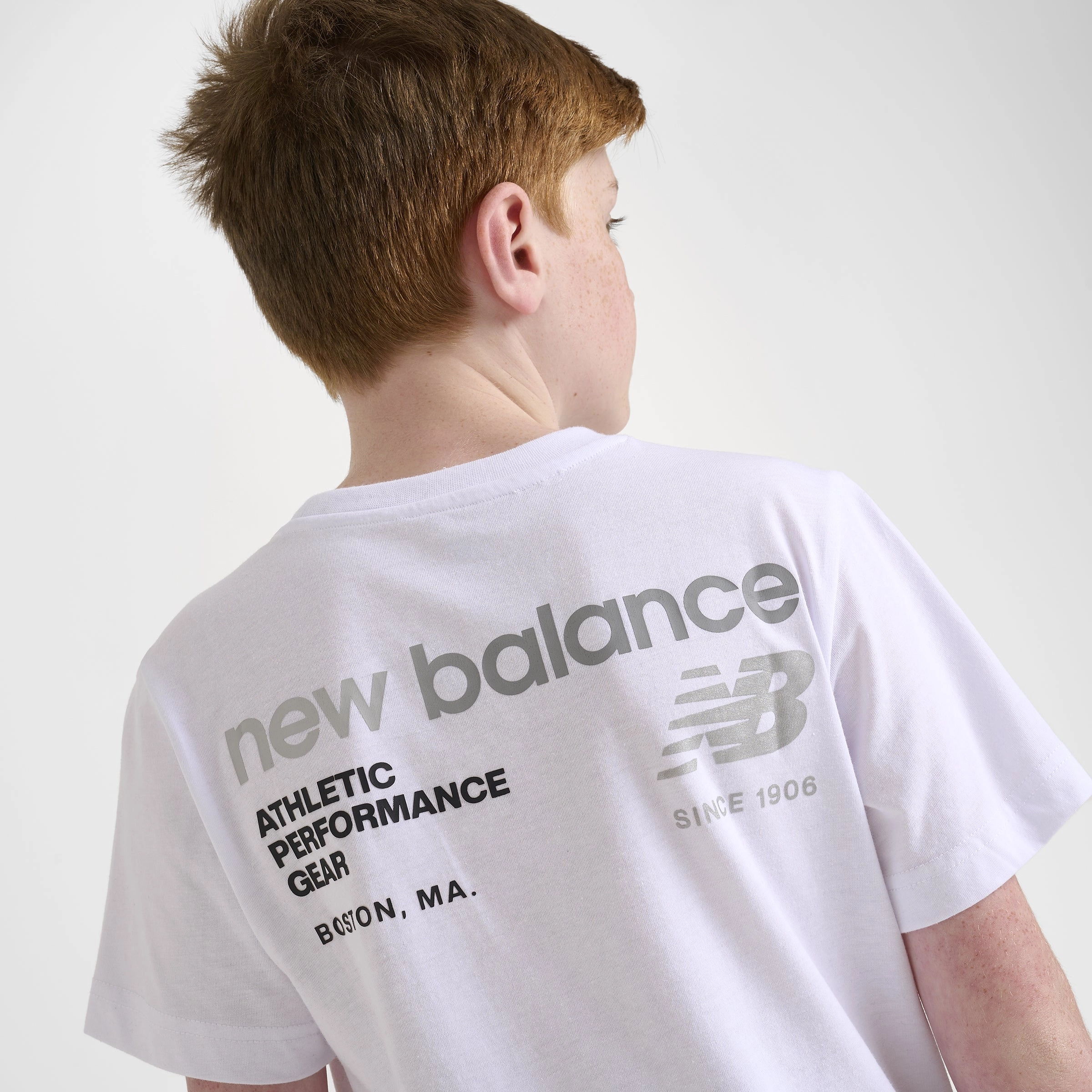 New Balance Junior Boys' Linear Logo Back Hit Tee / White