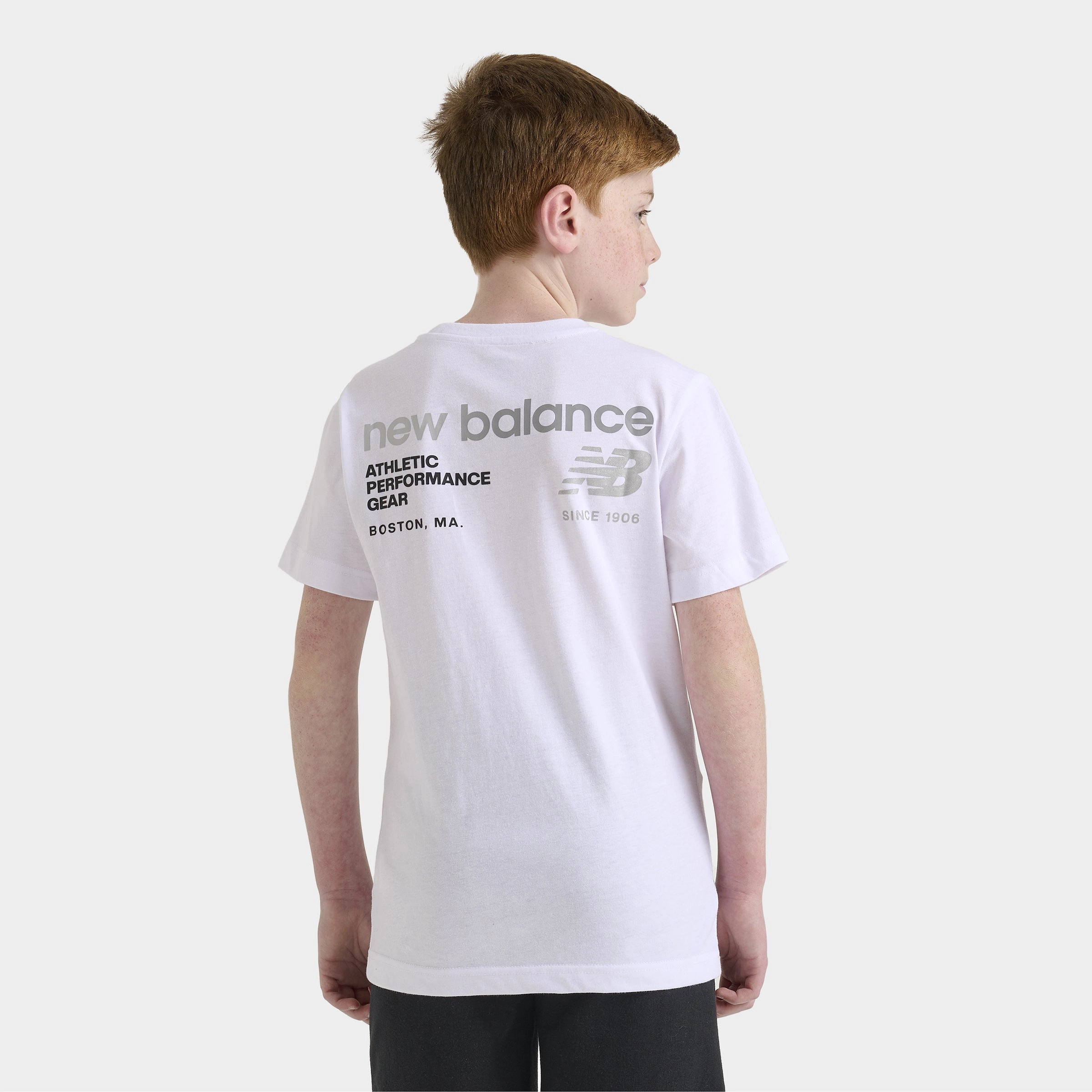 New Balance Junior Boys' Linear Logo Back Hit Tee / White