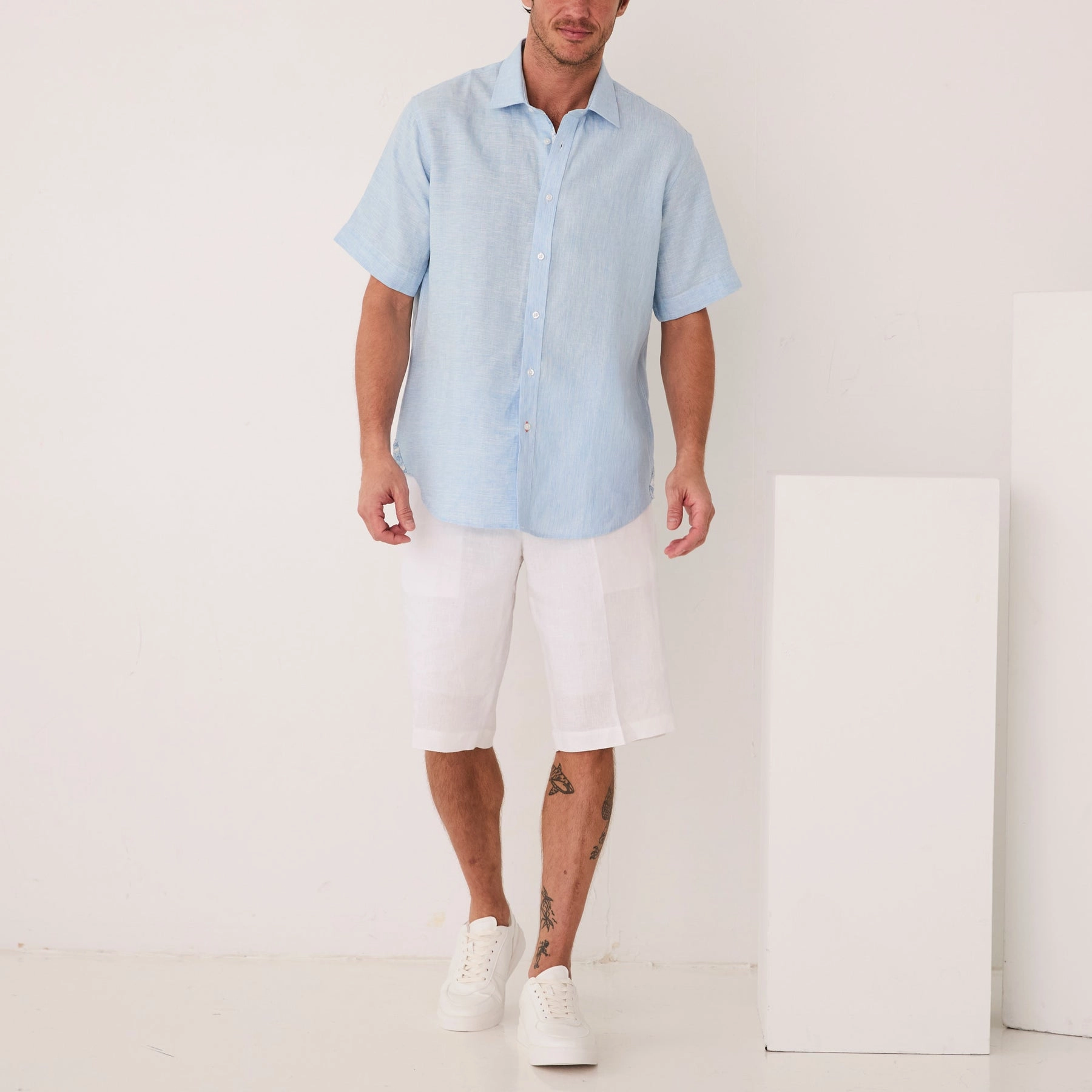 Premium Flax Linen Short-Sleeve Shirt - Blue Mist