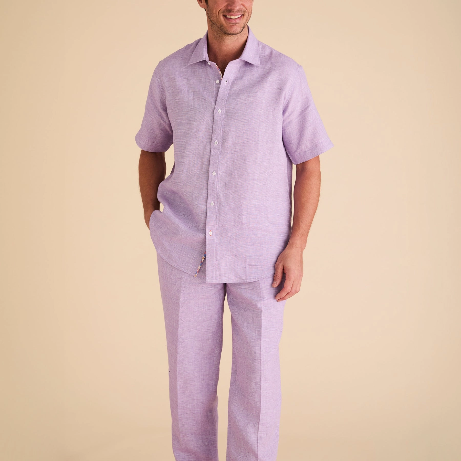 Premium Flax Linen Short-Sleeve Shirt - Lavender