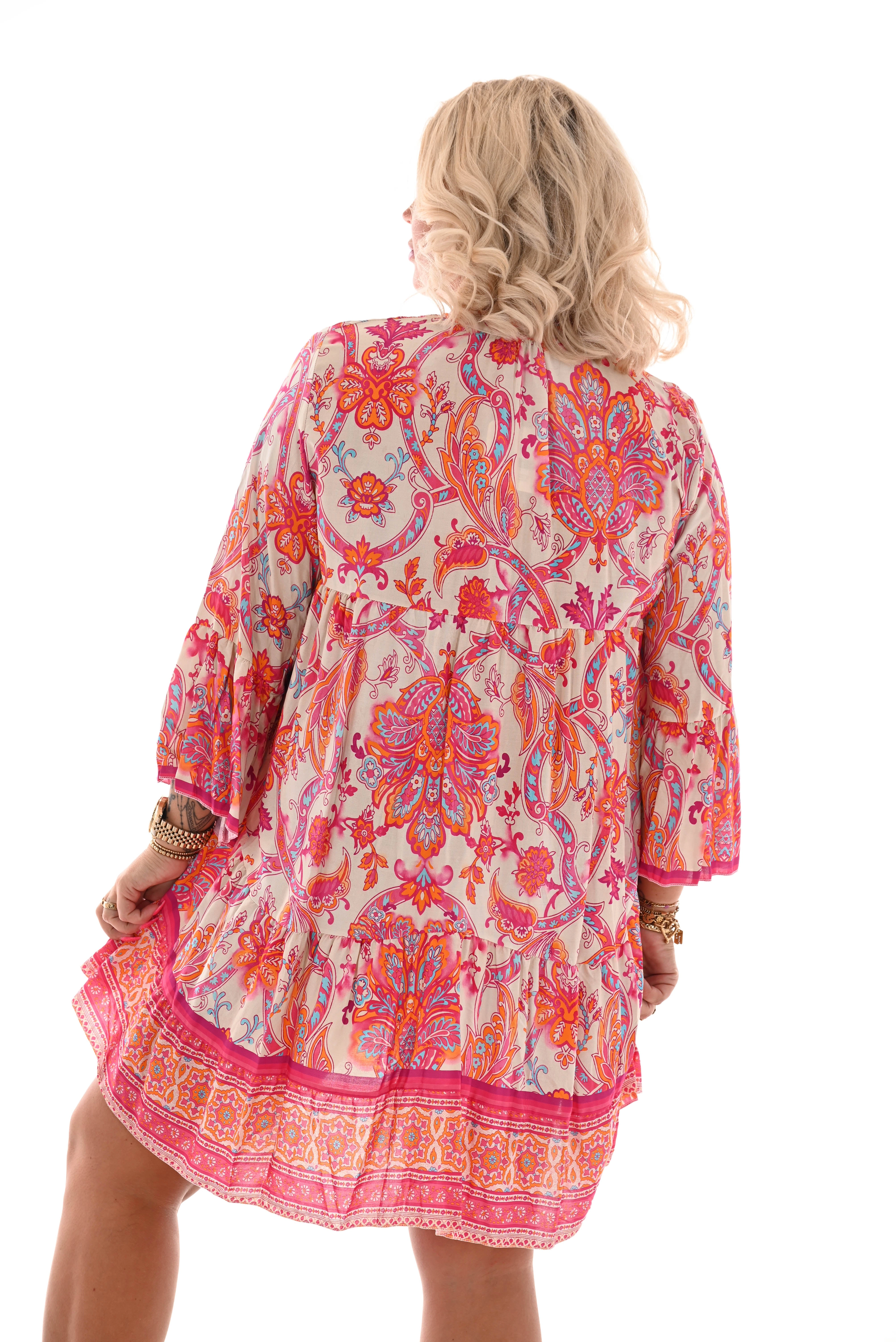 Tuniek v-hals barok 3/4e mouwen fuchsia/oranje