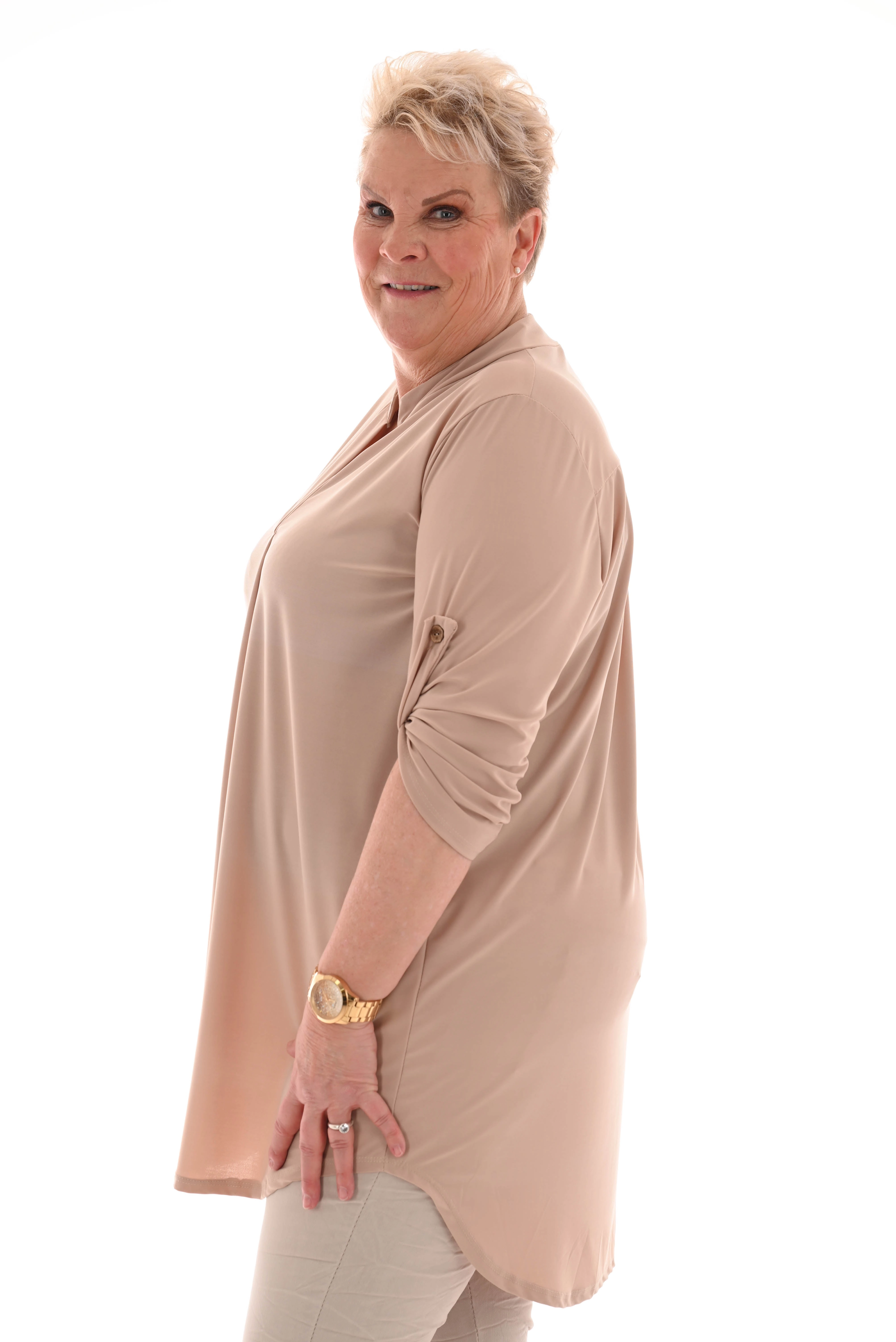 Tuniek v-hals ophaalmouwen uni beige