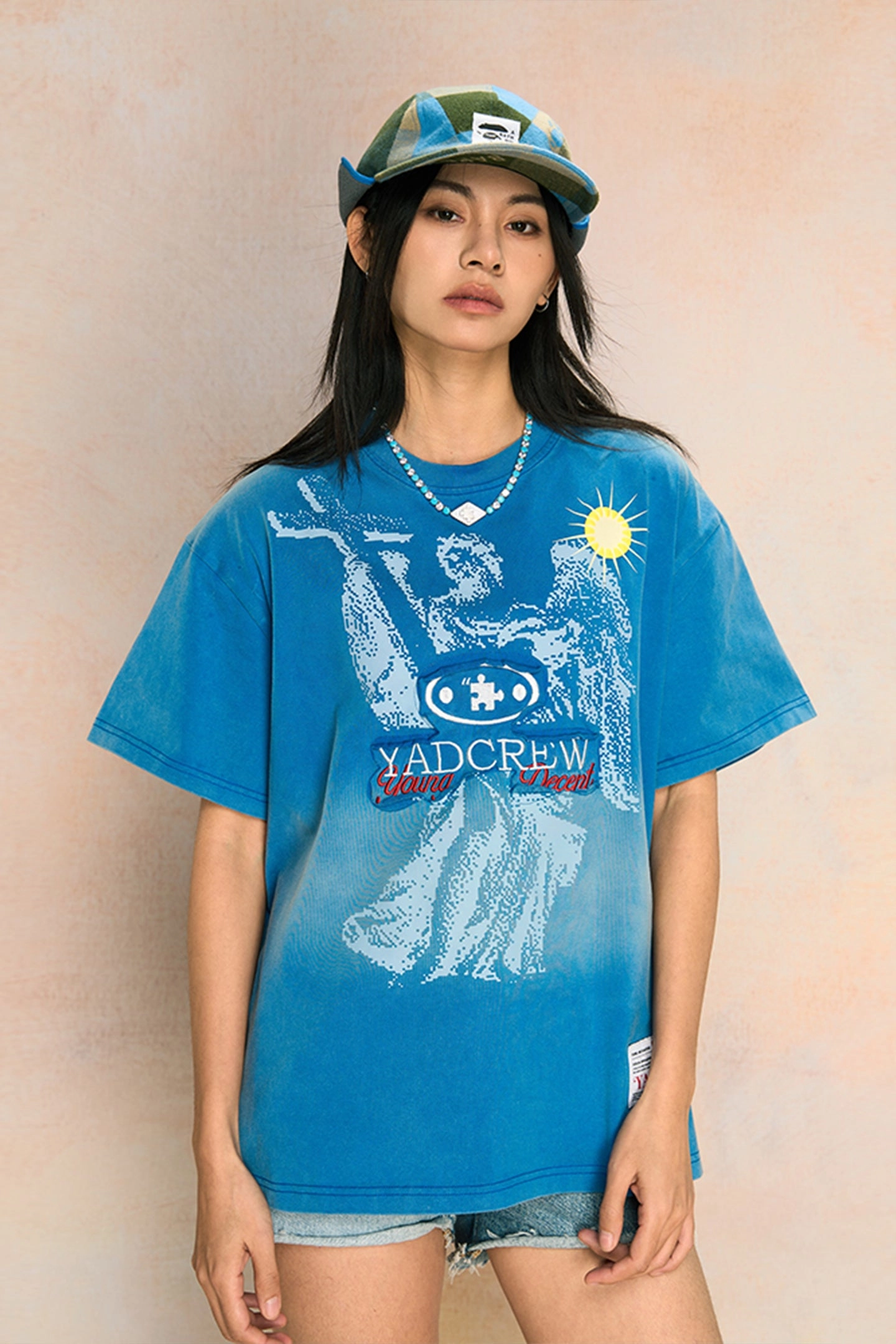 Washed Blue Angel Cross Short-Sleeved T-shirt
