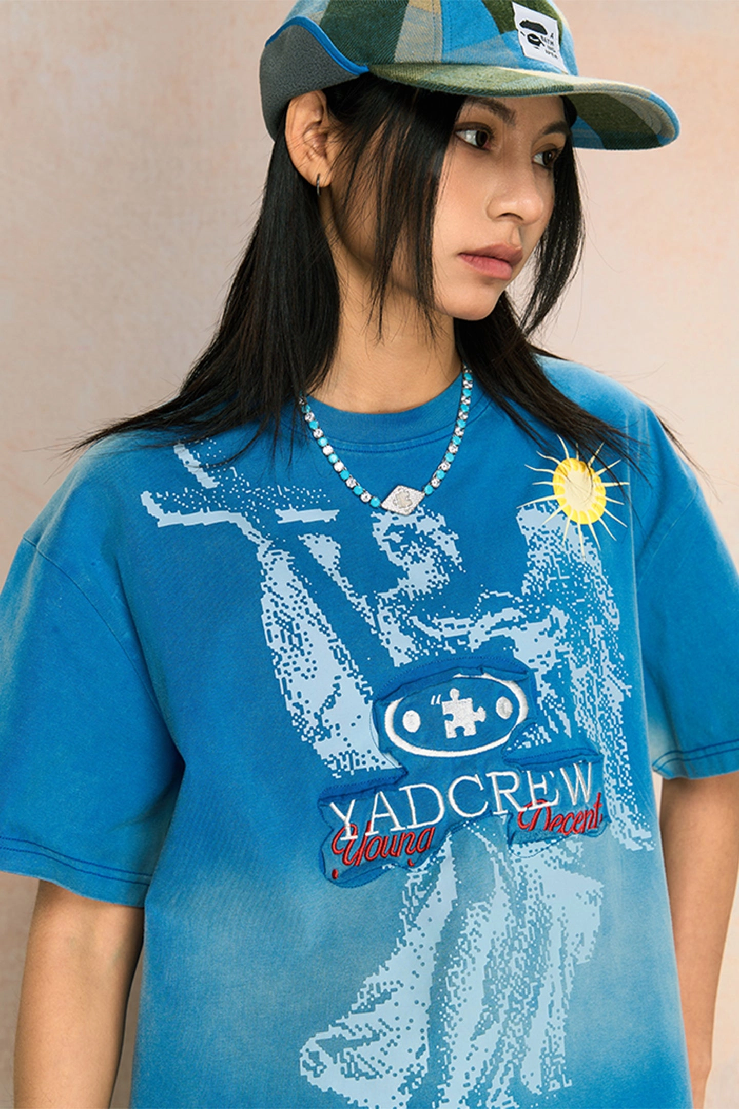 Washed Blue Angel Cross Short-Sleeved T-shirt